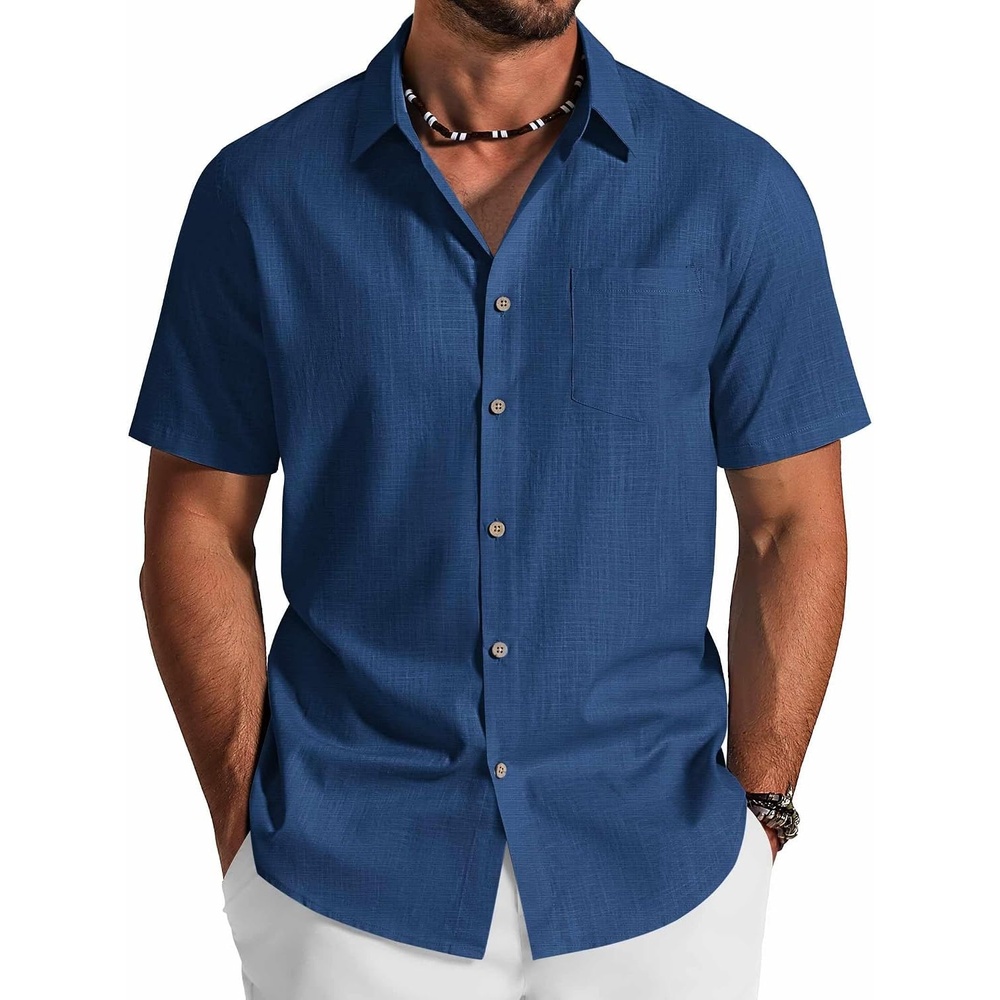 image:imageCOOFANDY Mens Button Down Shirt Short Sleeve Cotton Casual Summer Shirts Beach Vacation Linen Shirts for MenDenim Blue