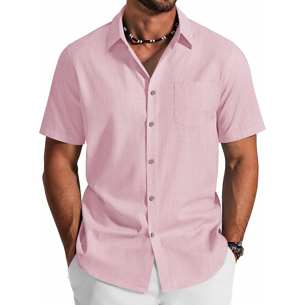 image:imageCOOFANDY Mens Button Down Shirt Short Sleeve Cotton Casual Summer Shirts Beach Vacation Linen Shirts for MenIcy Pink