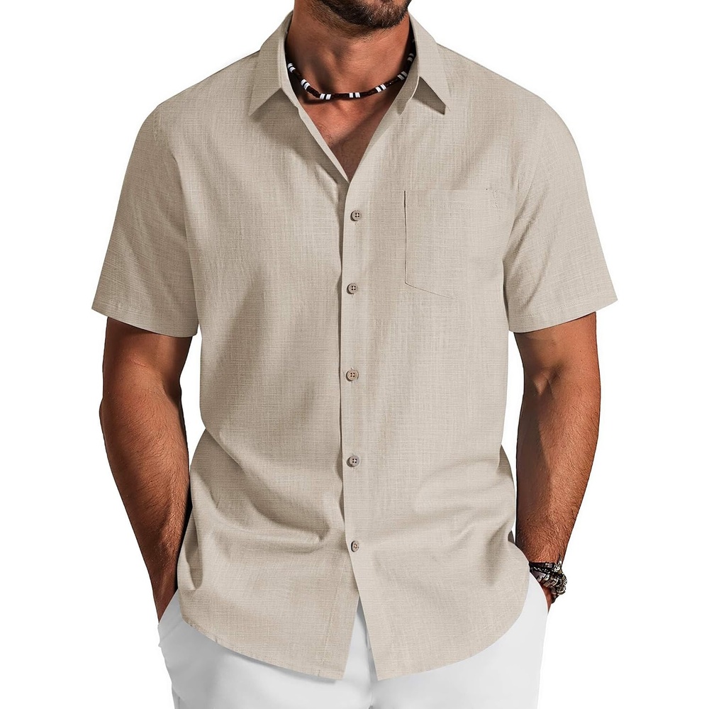 image:imageCOOFANDY Mens Button Down Shirt Short Sleeve Cotton Casual Summer Shirts Beach Vacation Linen Shirts for MenKhaki