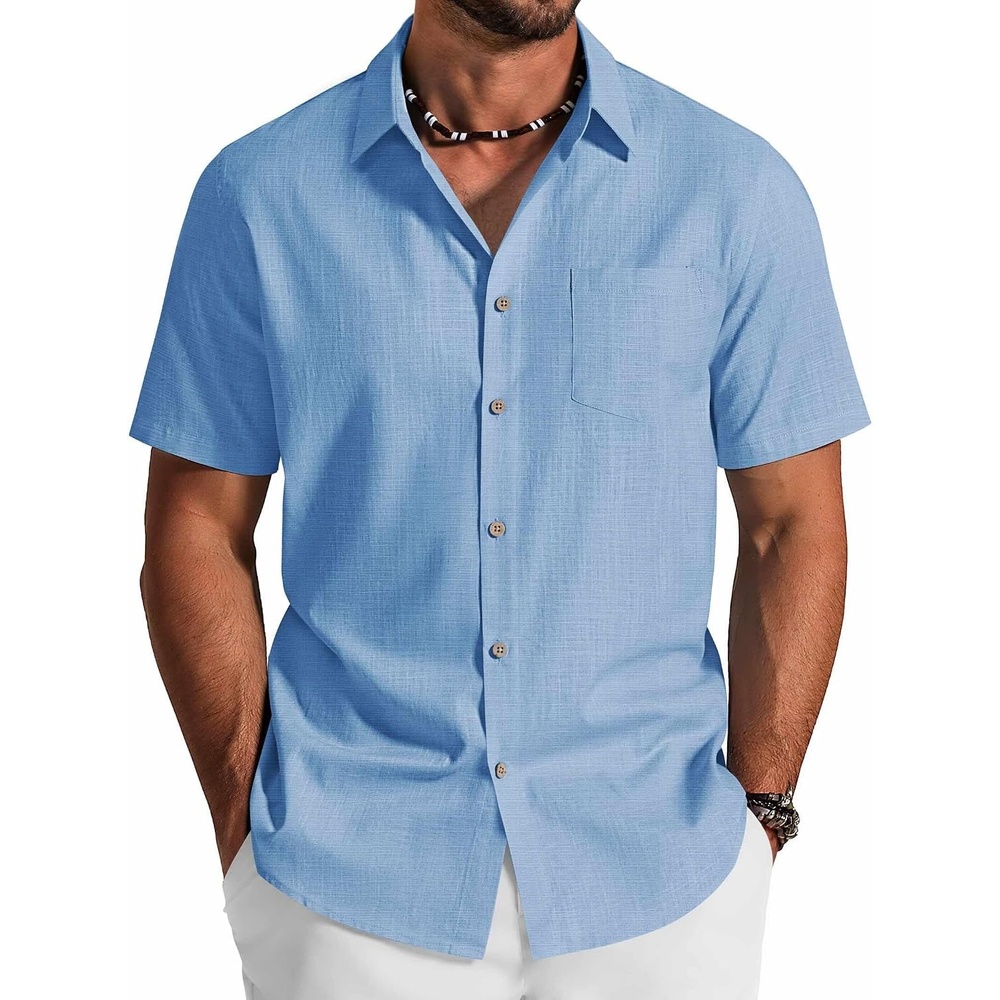 image:imageCOOFANDY Mens Button Down Shirt Short Sleeve Cotton Casual Summer Shirts Beach Vacation Linen Shirts for MenLight Blue