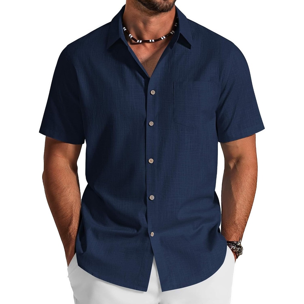 image:imageCOOFANDY Mens Button Down Shirt Short Sleeve Cotton Casual Summer Shirts Beach Vacation Linen Shirts for MenNavy Blue