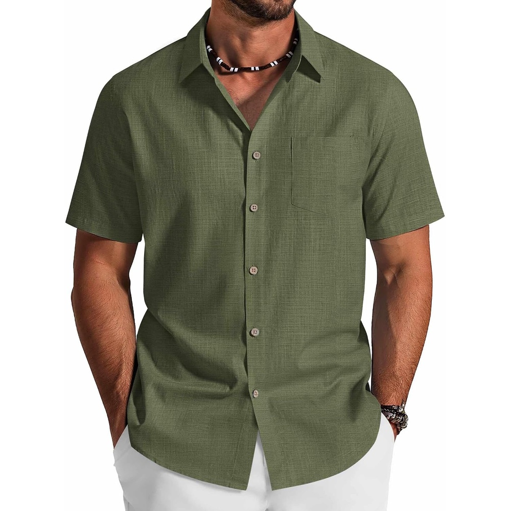 image:imageCOOFANDY Mens Button Down Shirt Short Sleeve Cotton Casual Summer Shirts Beach Vacation Linen Shirts for MenOlive Green