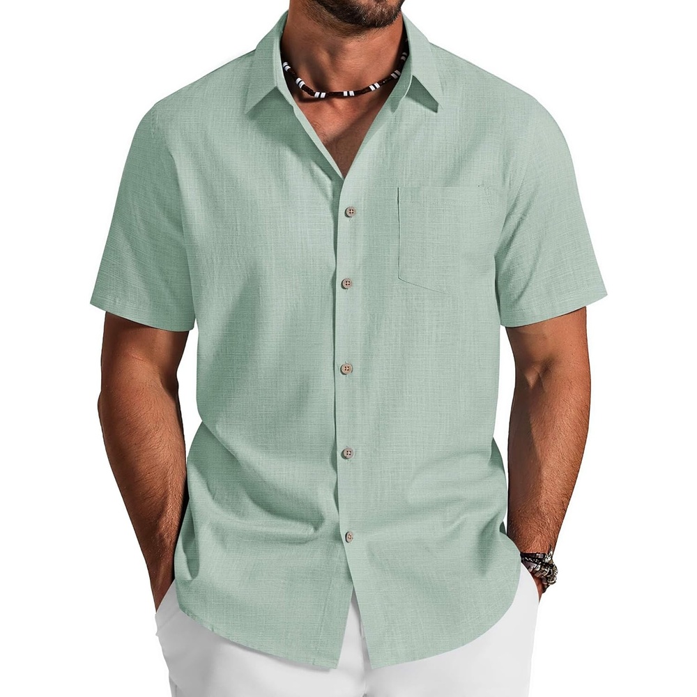 image:imageCOOFANDY Mens Button Down Shirt Short Sleeve Cotton Casual Summer Shirts Beach Vacation Linen Shirts for MenSage Green