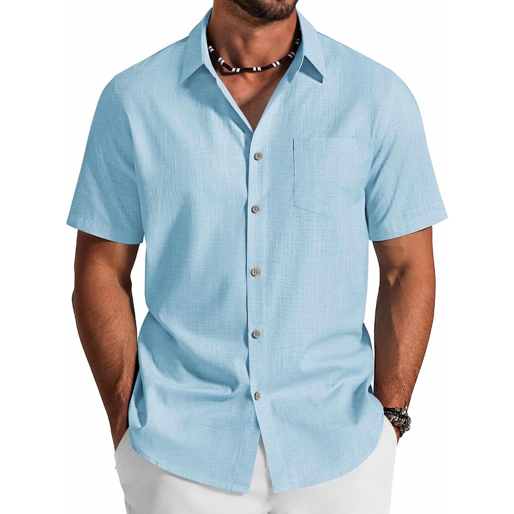 image:imageCOOFANDY Mens Button Down Shirt Short Sleeve Cotton Casual Summer Shirts Beach Vacation Linen Shirts for MenSky Blue