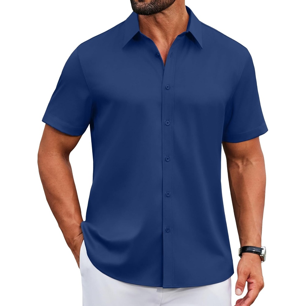 image:imageCOOFANDY Mens Button Down Shirts Short Sleeve Untucked Dress Shirt Wrinkle Free Stretch Casual Summer ShirtsBlue