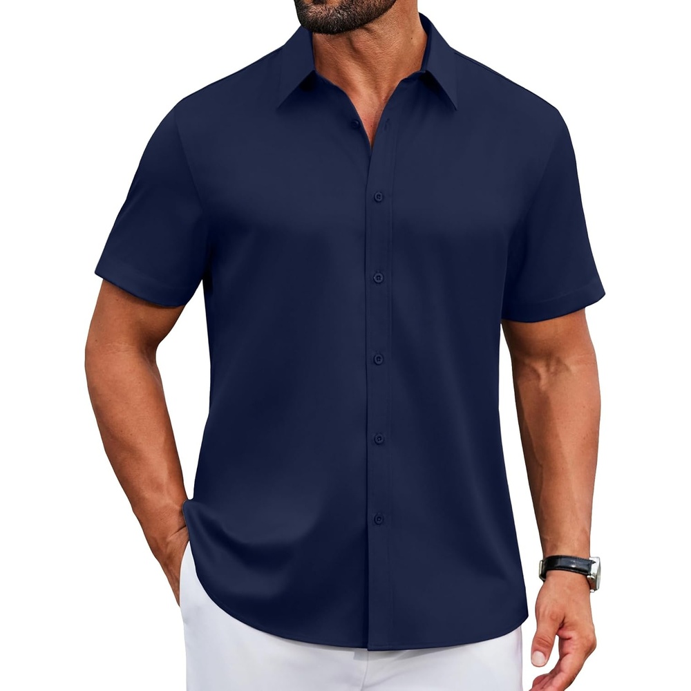 image:imageCOOFANDY Mens Button Down Shirts Short Sleeve Untucked Dress Shirt Wrinkle Free Stretch Casual Summer ShirtsNavy Blue