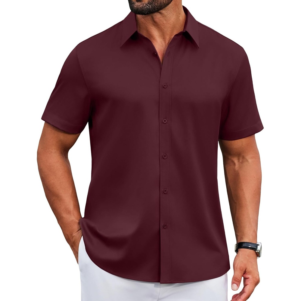 image:imageCOOFANDY Mens Button Down Shirts Short Sleeve Untucked Dress Shirt Wrinkle Free Stretch Casual Summer ShirtsWine Red