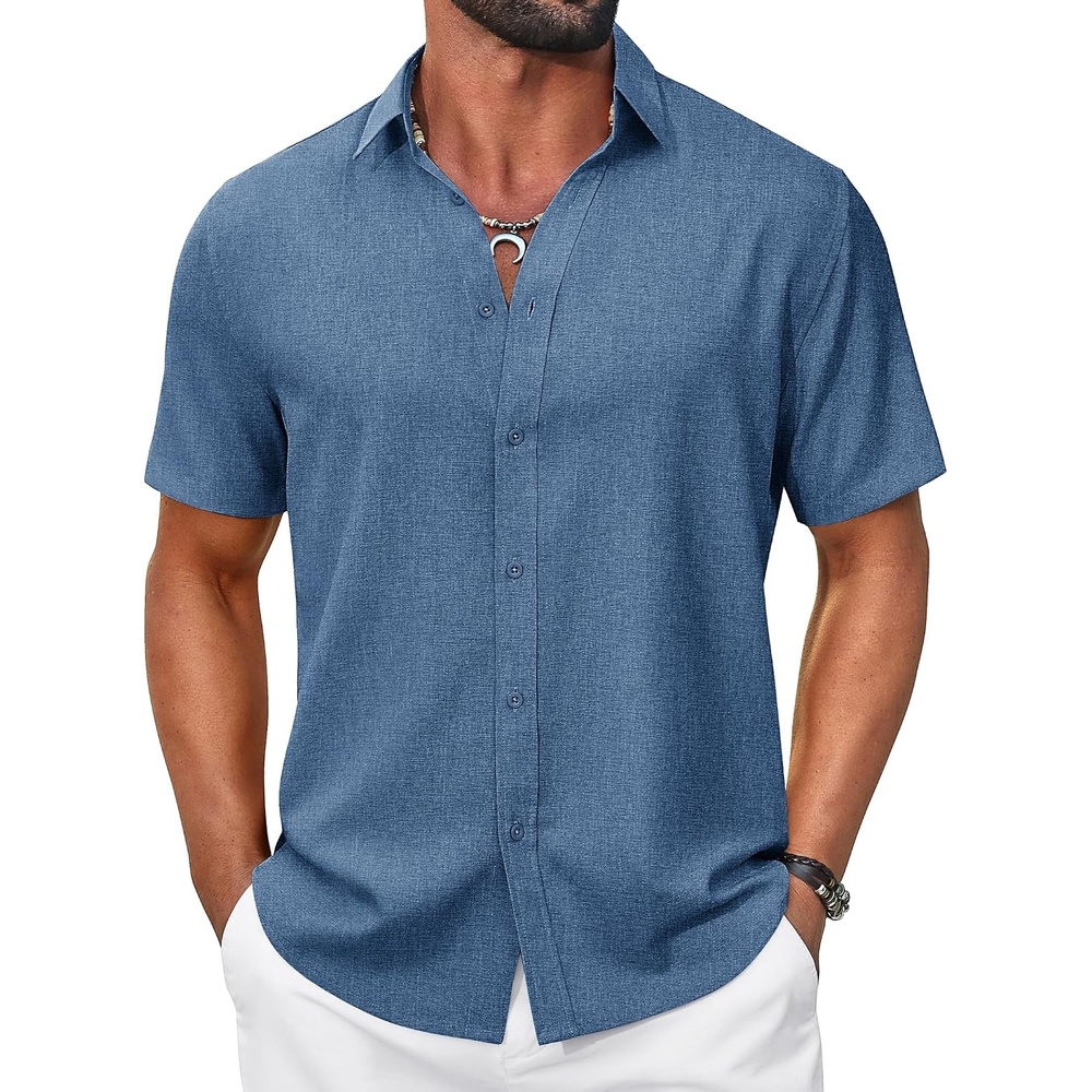 image:imageCOOFANDY Mens Casual Button Down Shirt Short Sleeve Summer Shirt for Beach Vacation Resort WearDenim Blue