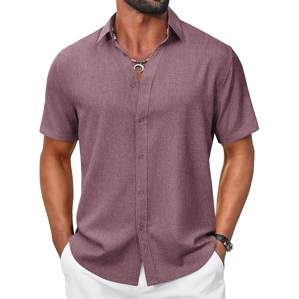 image:imageCOOFANDY Mens Casual Button Down Shirt Short Sleeve Summer Shirt for Beach Vacation Resort WearWine Red