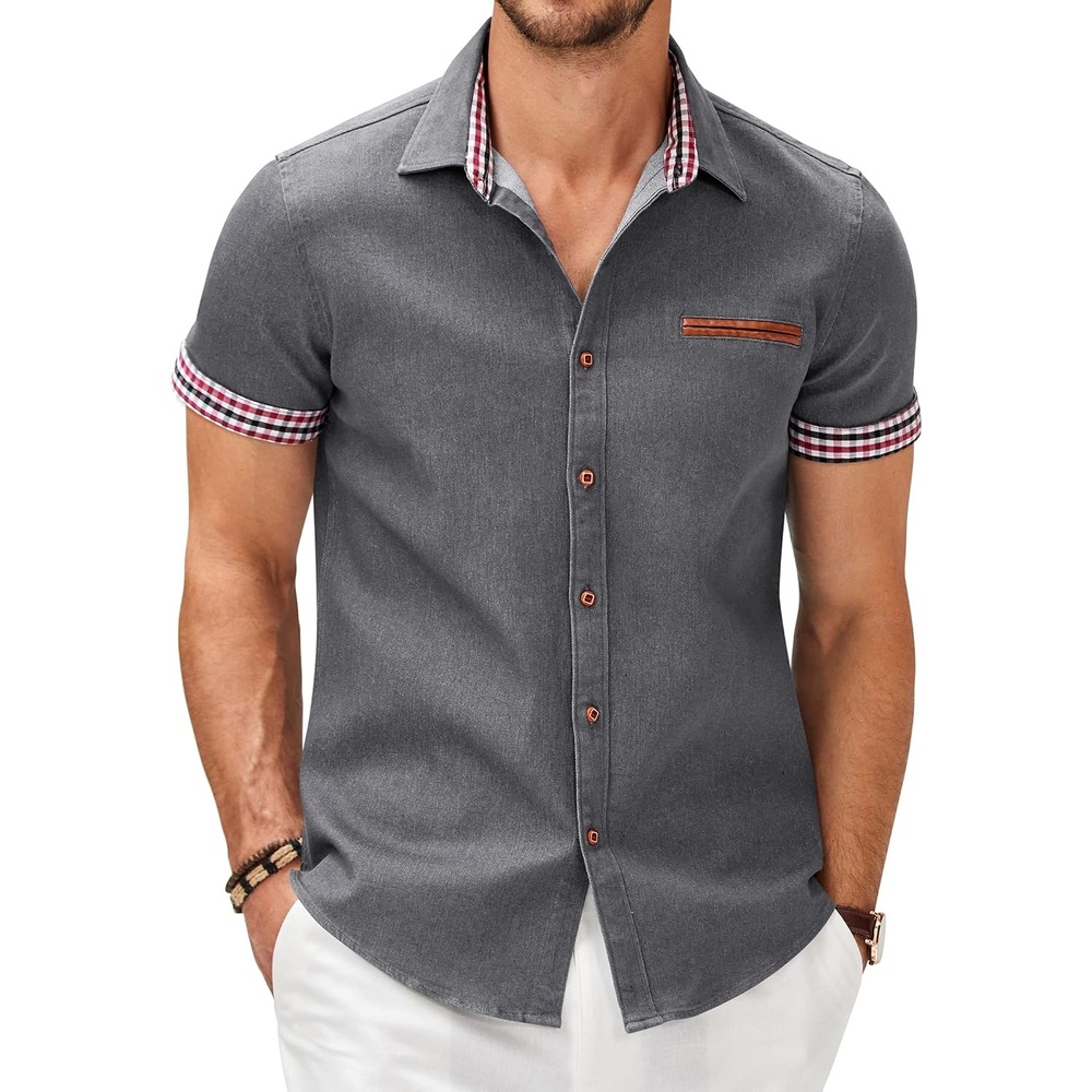 image:imageCOOFANDY Mens Cotton Casual Short Sleeve Button Down Shirt Plaid Collar Denim Work ShirtsA Charcoal Grey No Pocket