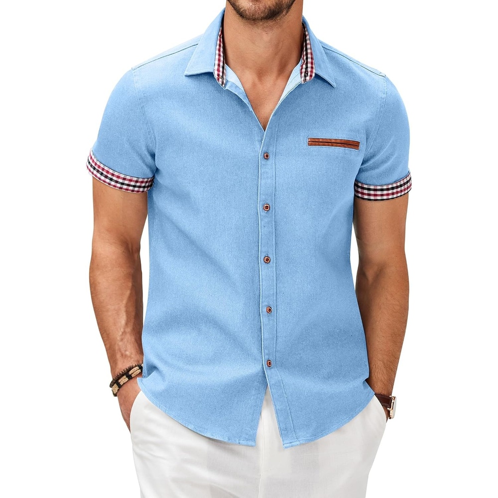 image:imageCOOFANDY Mens Cotton Casual Short Sleeve Button Down Shirt Plaid Collar Denim Work ShirtsA Clear Blue No Pocket