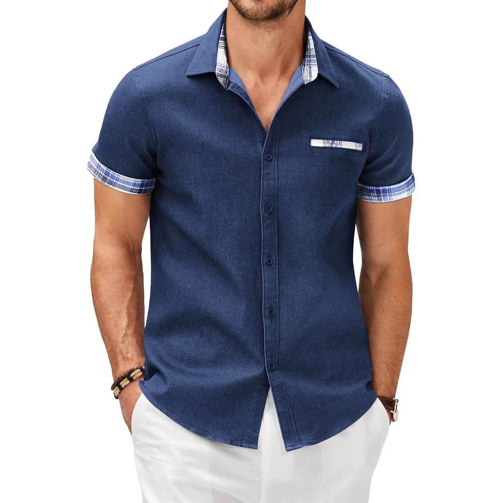 image:imageCOOFANDY Mens Cotton Casual Short Sleeve Button Down Shirt Plaid Collar Denim Work ShirtsA Contrast Plaid Collar Blue