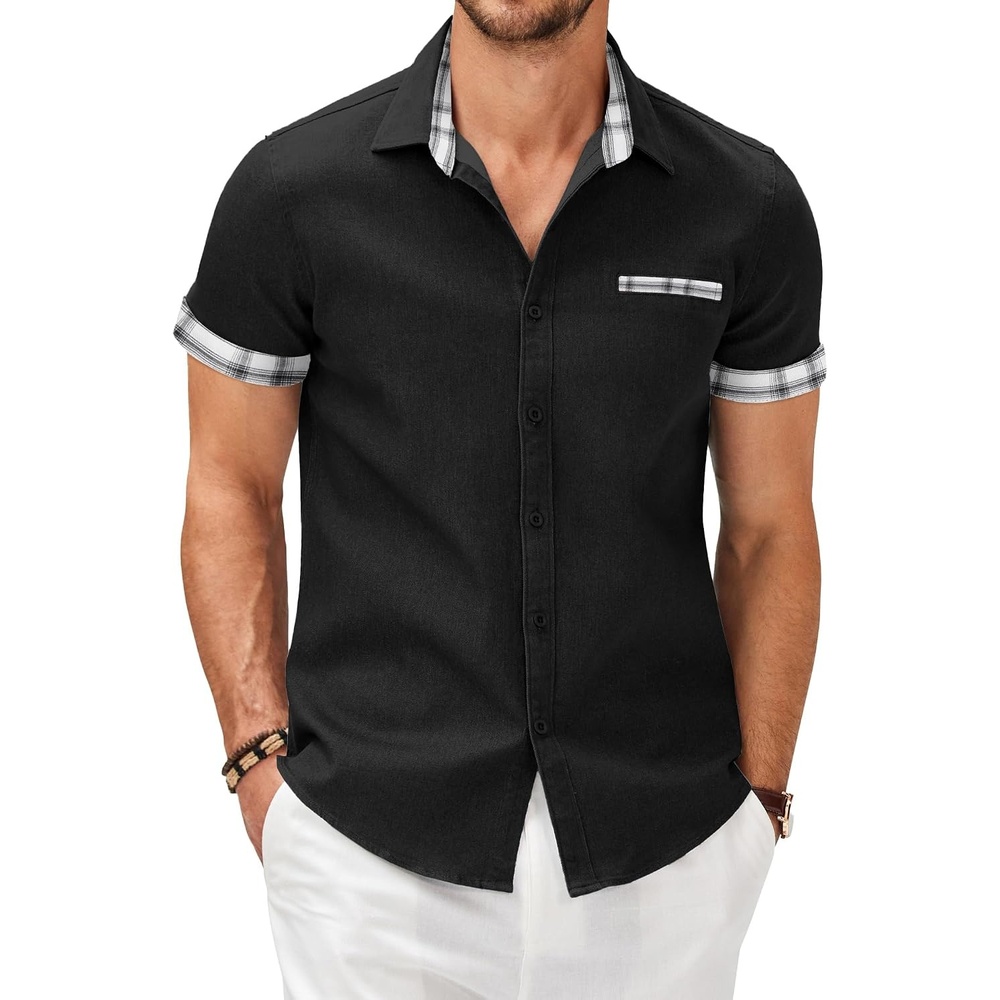image:imageCOOFANDY Mens Cotton Casual Short Sleeve Button Down Shirt Plaid Collar Denim Work ShirtsA Contrast Plaid Collar Dark Grey