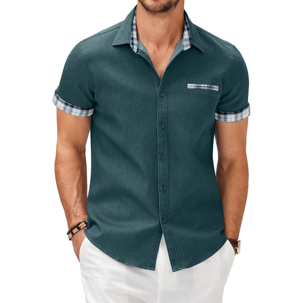 image:imageCOOFANDY Mens Cotton Casual Short Sleeve Button Down Shirt Plaid Collar Denim Work ShirtsA Contrast Plaid Collar Forest Green