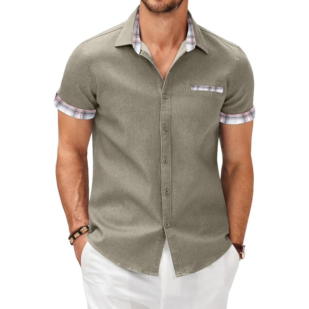 image:imageCOOFANDY Mens Cotton Casual Short Sleeve Button Down Shirt Plaid Collar Denim Work ShirtsA Contrast Plaid Collar Green