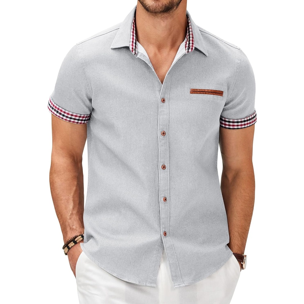 image:imageCOOFANDY Mens Cotton Casual Short Sleeve Button Down Shirt Plaid Collar Denim Work ShirtsA White No Pocket