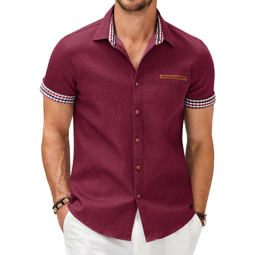 image:imageCOOFANDY Mens Cotton Casual Short Sleeve Button Down Shirt Plaid Collar Denim Work ShirtsA Wine Red No Pocket