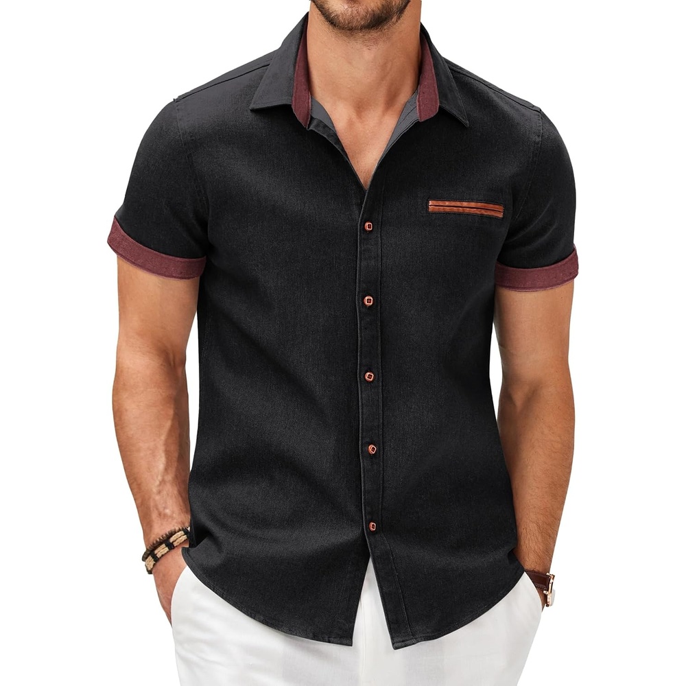image:imageCOOFANDY Mens Cotton Casual Short Sleeve Button Down Shirt Plaid Collar Denim Work ShirtsB Black No Pocket