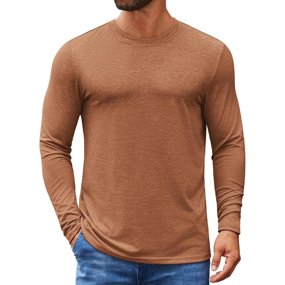 image:imageCOOFANDY Mens Crew Neck TShirt Long Sleeve Casual Pullover Tees Soft Stretch Basic Tee ShirtsCaramel