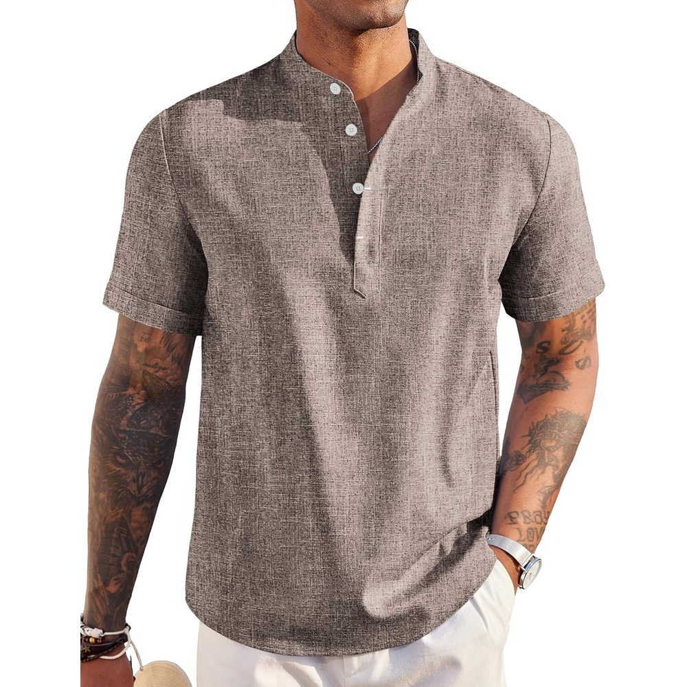 image:imageCOOFANDY Mens Linen Henley Shirt Short Sleeve Casual Summer Beach Hippie T ShirtsBrown