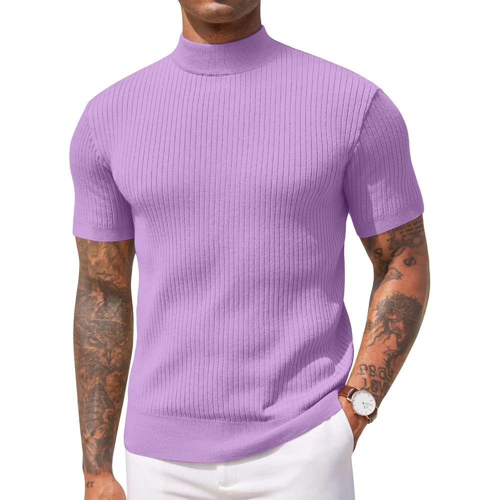 image:imageCOOFANDY Mens Mock Turtleneck Sweater Short Sleeve Casual Basic Tops Ribbed Knit Pullover Solid TeeLight Purple
