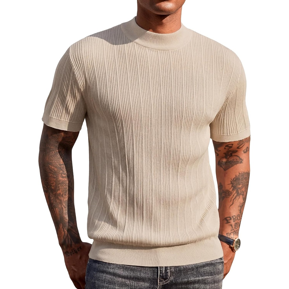 image:imageCOOFANDY Mens Mock Turtleneck Sweater Short Sleeve Casual Basic Tops Ribbed Knit Pullover Solid TeePat6 Beige Striped