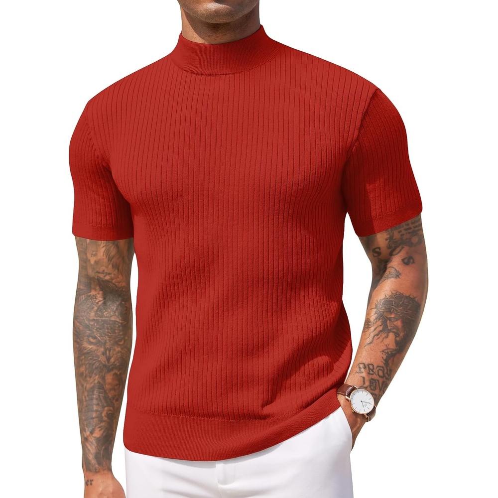 image:imageCOOFANDY Mens Mock Turtleneck Sweater Short Sleeve Casual Basic Tops Ribbed Knit Pullover Solid TeeRed