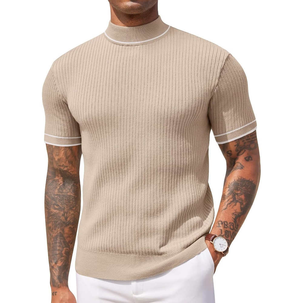 image:imageCOOFANDY Mens Mock Turtleneck Sweater Short Sleeve Casual Basic Tops Ribbed Knit Pullover Solid TeeStriped Beige