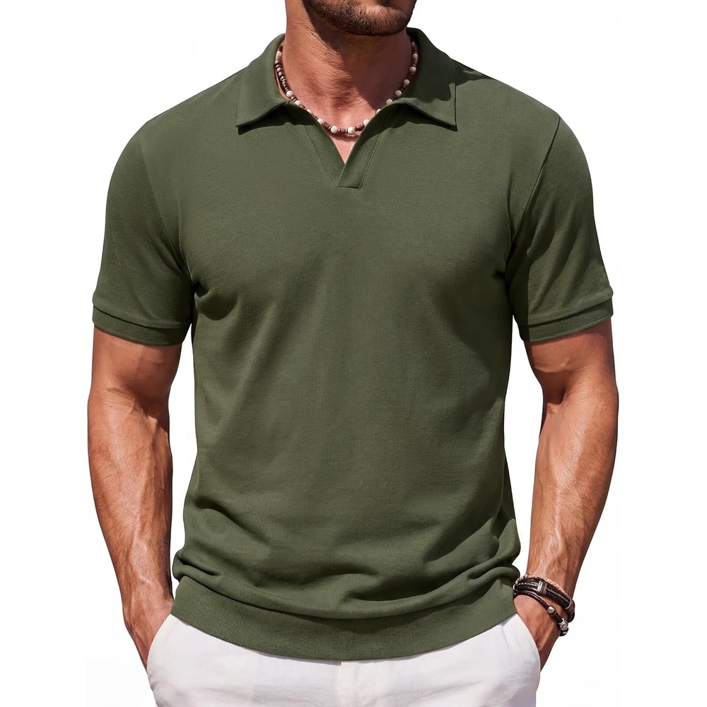 image:imageCOOFANDY Mens Polo Sweater Casual V Neck Summer Short Sleeve Beach Vacation Tops Cotton Collared Dress Work Golf SweaterArmy Green