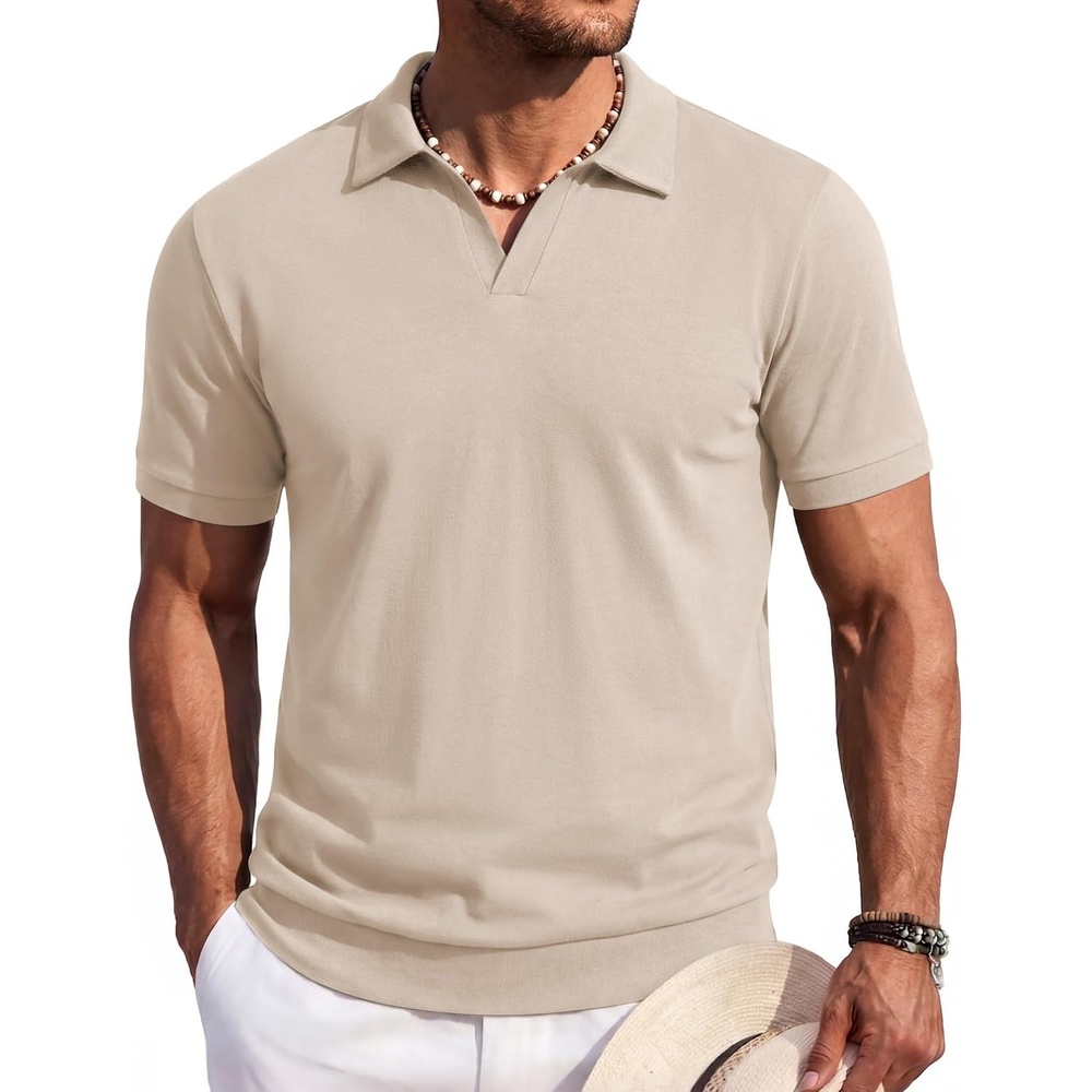 image:imageCOOFANDY Mens Polo Sweater Casual V Neck Summer Short Sleeve Beach Vacation Tops Cotton Collared Dress Work Golf SweaterBeige