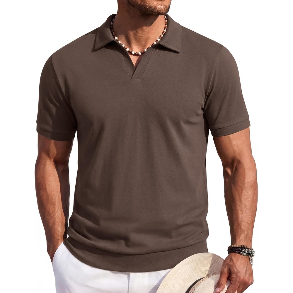 image:imageCOOFANDY Mens Polo Sweater Casual V Neck Summer Short Sleeve Beach Vacation Tops Cotton Collared Dress Work Golf SweaterLight Brown
