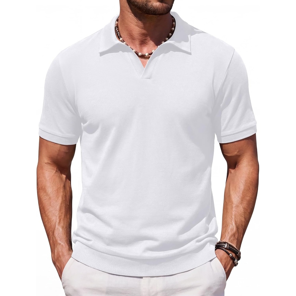 image:imageCOOFANDY Mens Polo Sweater Casual V Neck Summer Short Sleeve Beach Vacation Tops Cotton Collared Dress Work Golf SweaterWhite