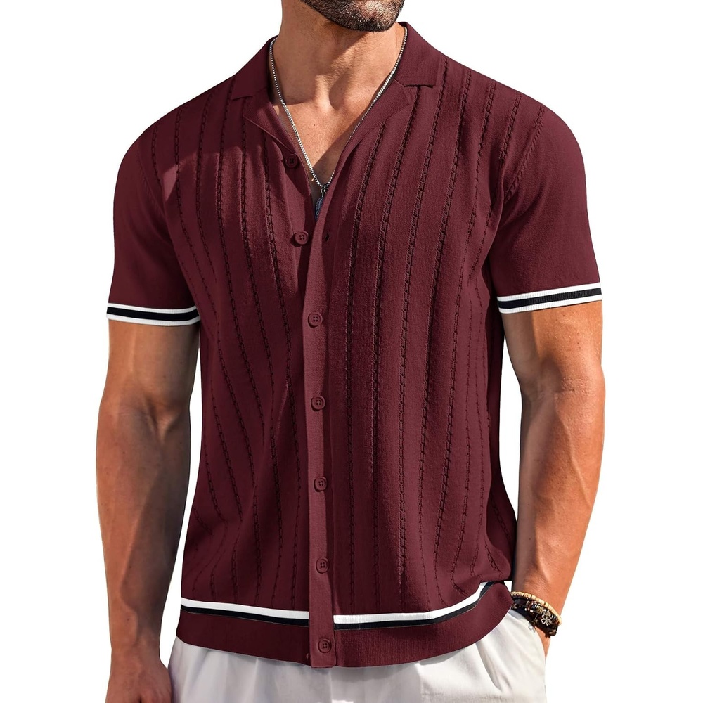 image:imageCOOFANDY Mens Short Sleeve Knit Shirt Casual Button Down Shirt Vintage Striped Knitted Golf Beach TopsDark Red