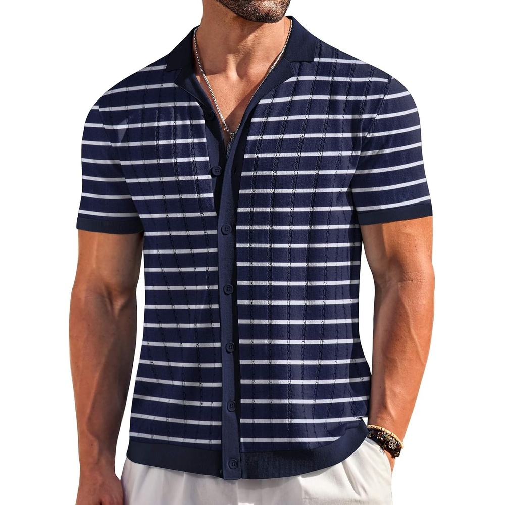image:imageCOOFANDY Mens Short Sleeve Knit Shirt Casual Button Down Shirt Vintage Striped Knitted Golf Beach TopsTz377