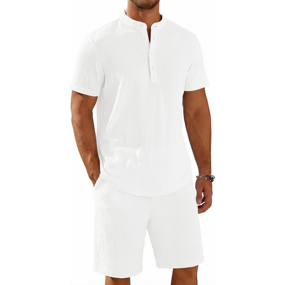 image:imageCOOFANDY Mens Summer Beach Outfits 2 Piece Casual Textured Henley Shirt and Shorts SetAwhite