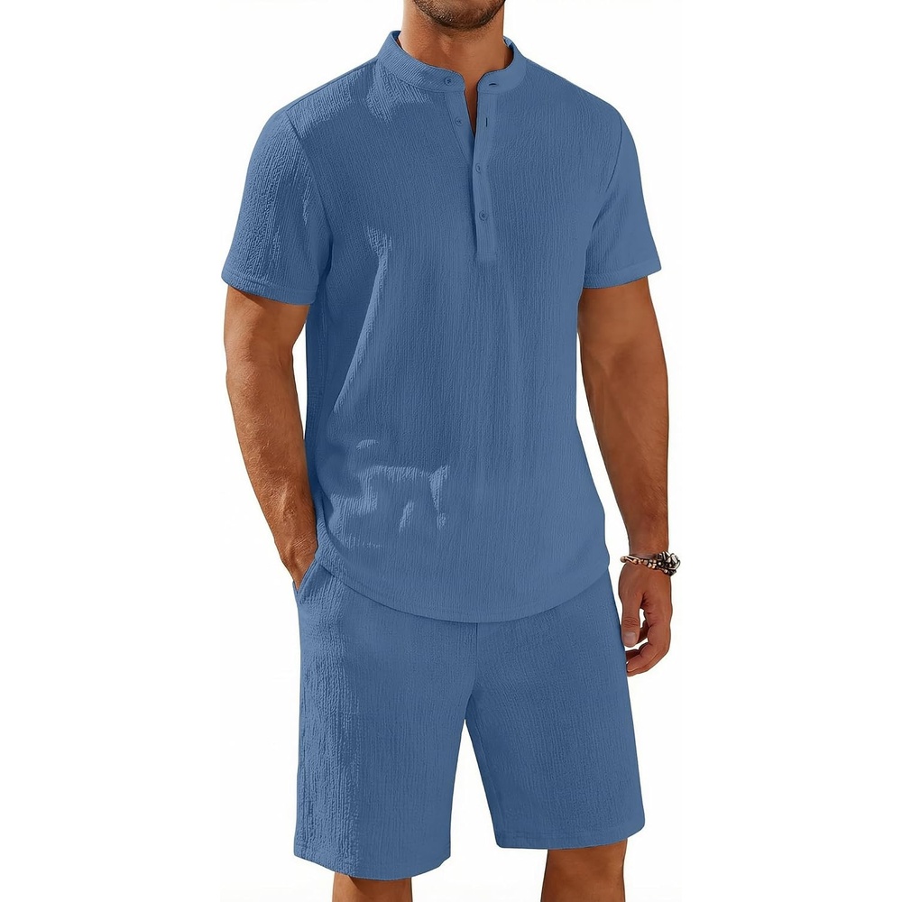 image:imageCOOFANDY Mens Summer Beach Outfits 2 Piece Casual Textured Henley Shirt and Shorts SetGrey Blue