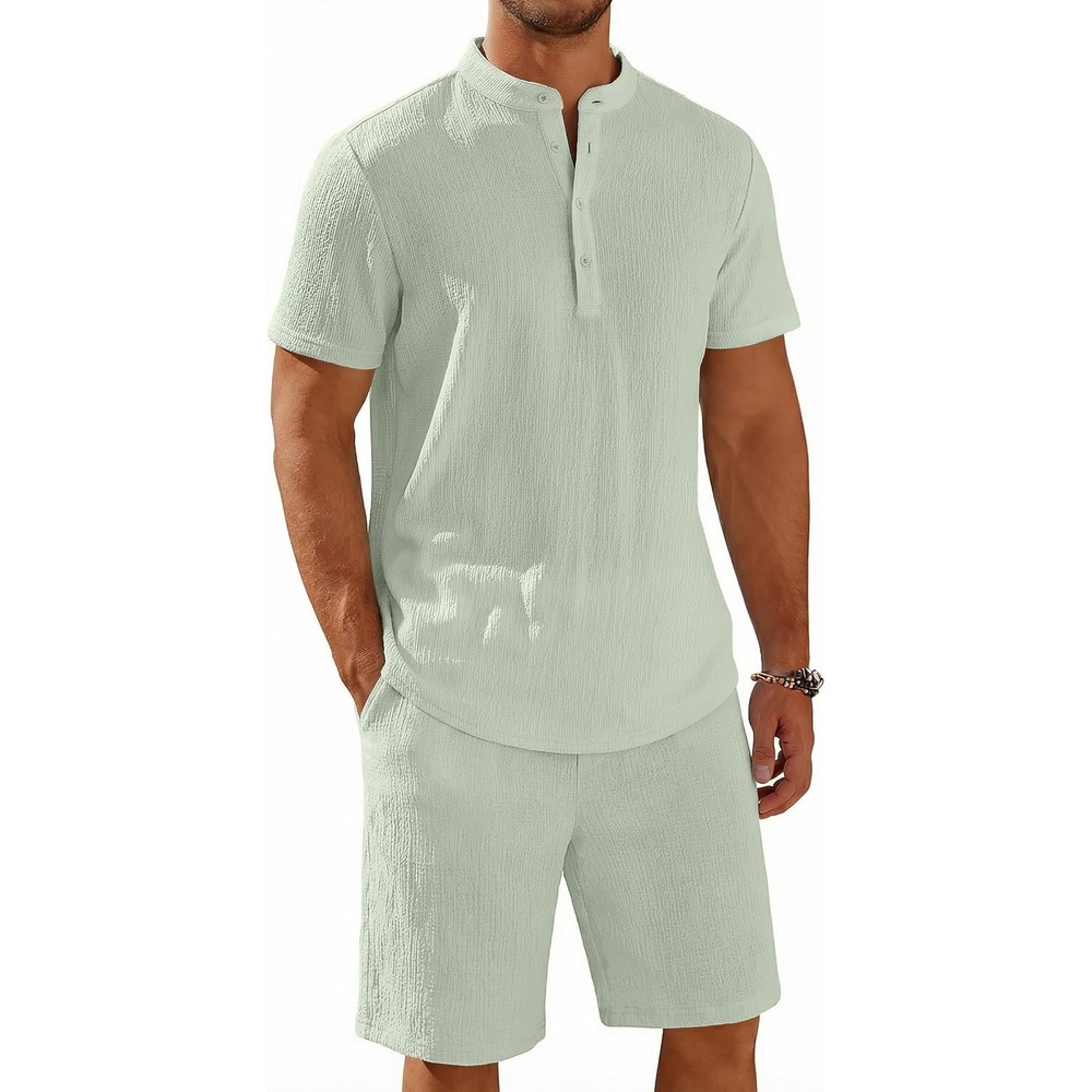 image:imageCOOFANDY Mens Summer Beach Outfits 2 Piece Casual Textured Henley Shirt and Shorts SetIce Green