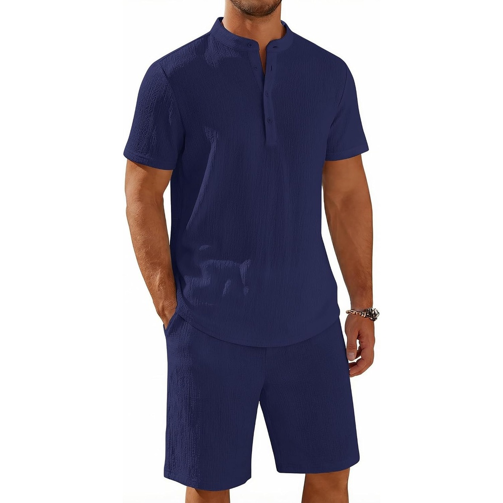 image:imageCOOFANDY Mens Summer Beach Outfits 2 Piece Casual Textured Henley Shirt and Shorts SetNavy Blue