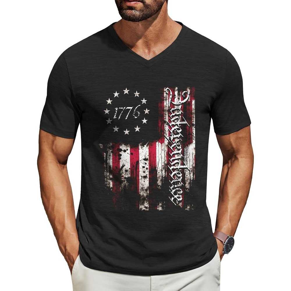 image:imageCOOFANDY Mens T Shirts Short Sleeve Classic V Neck TShirt Casual Summer Basic Tee ShirtYblack Independence Flag