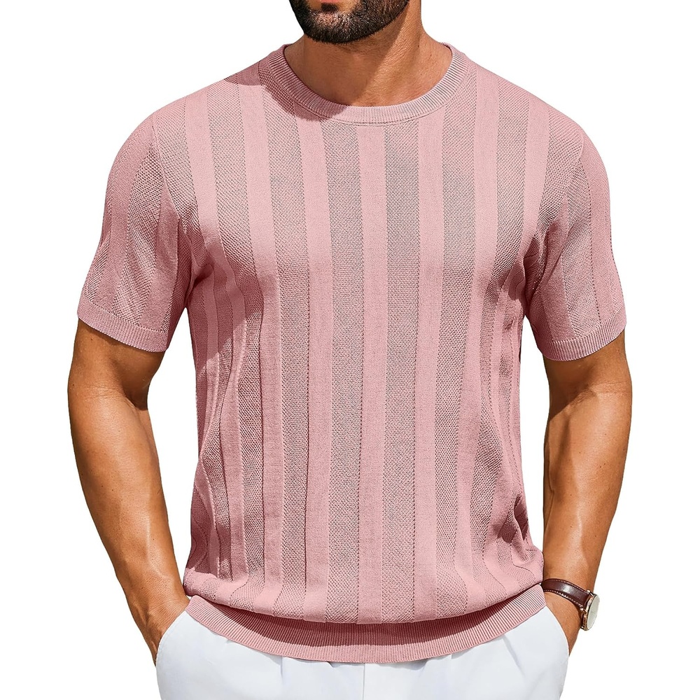 image:imageCOOFANDY Mens TShirts Short Sleeve Knit Shirt Crew Neck Sweater Fashion Casual Textured Pullover TeesLight Pink