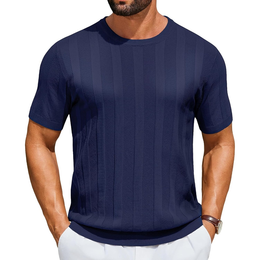 image:imageCOOFANDY Mens TShirts Short Sleeve Knit Shirt Crew Neck Sweater Fashion Casual Textured Pullover TeesNavy Blue