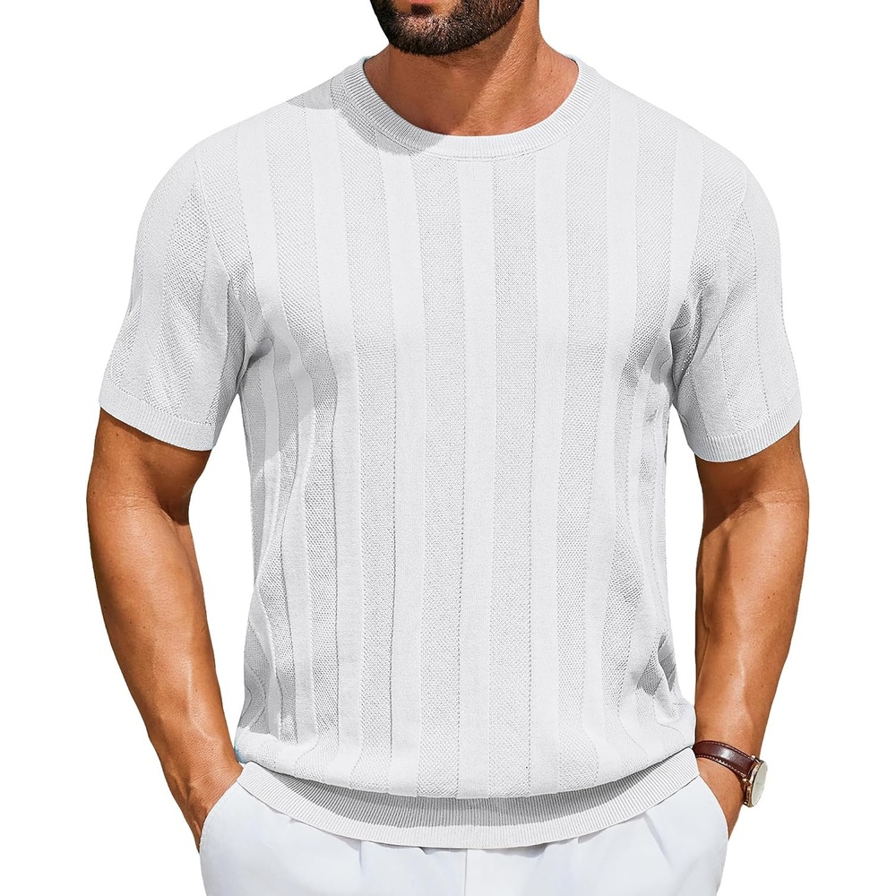 image:imageCOOFANDY Mens TShirts Short Sleeve Knit Shirt Crew Neck Sweater Fashion Casual Textured Pullover TeesWhite
