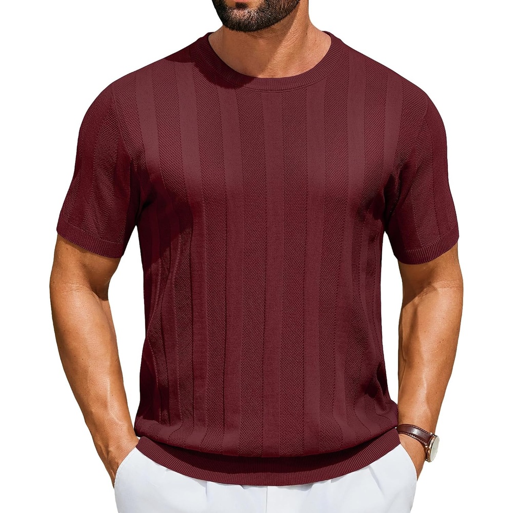 image:imageCOOFANDY Mens TShirts Short Sleeve Knit Shirt Crew Neck Sweater Fashion Casual Textured Pullover TeesWine Red