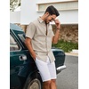COOFANDY Men’s Button Down Shirt Short Sleeve Cotton Casual Summer Shirts Beach Vacation Linen Shirts for Men(Khaki)