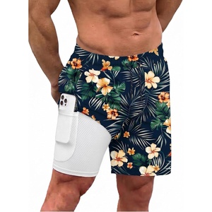 COOFANDY Men Swim Trunk with Compression Liner 2 in 1 Swimwear Bathing Suit Quick Dry Board Short(P Black Plant Flower)