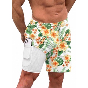 COOFANDY Men Swim Trunk with Compression Liner 2 in 1 Swimwear Bathing Suit Quick Dry Board Short(P Green Hawaiian Flower)