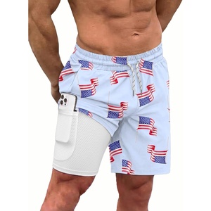 COOFANDY Men Swim Trunk with Compression Liner 2 in 1 Swimwear Bathing Suit Quick Dry Board Short(Print American Flag-3)