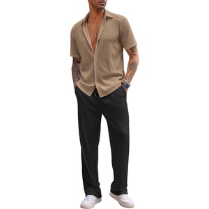 COOFANDY Men’s 2 Piece Outfit Casual Short Sleeve Button Down Shirt Beach Summer Loose Pant Sets(Khaki Black)