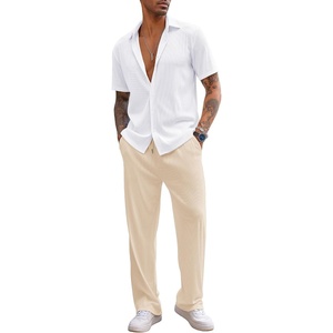 COOFANDY Men’s 2 Piece Outfit Casual Short Sleeve Button Down Shirt Beach Summer Loose Pant Sets(White Khaki)