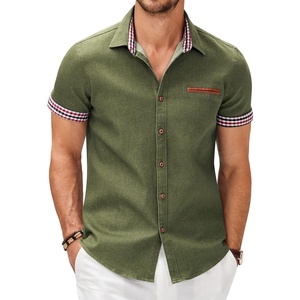 COOFANDY Men’s Cotton Casual Short Sleeve Button Down Shirt Plaid Collar Denim Work Shirts(A – Army Green – No Pocket)